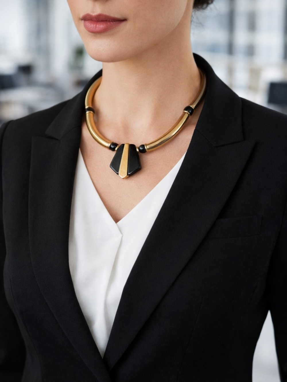 Vintage Modernist Black Enamel & Gold-Tone Bar Choker Statement Necklace